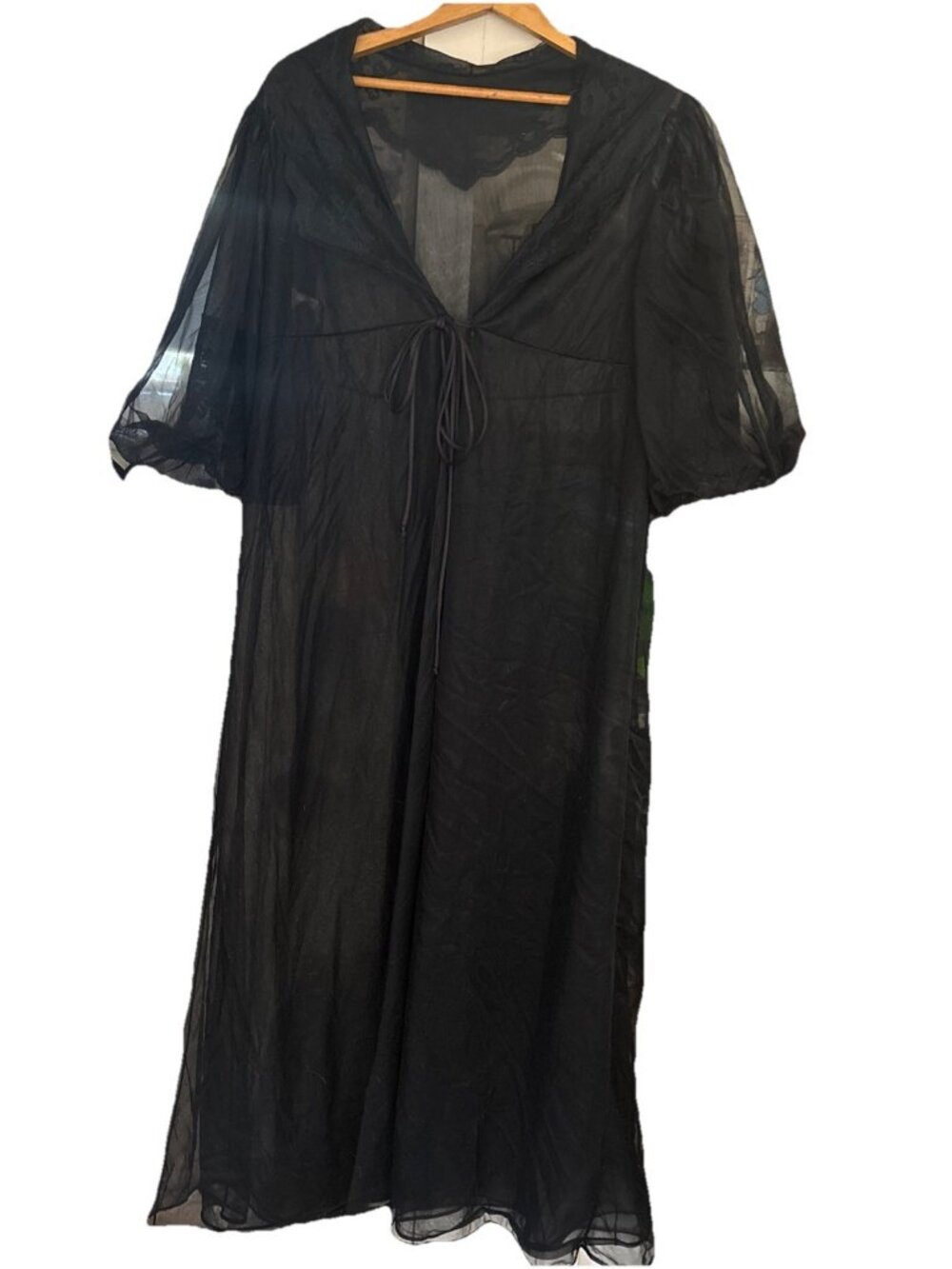 Vintage Texsheen Black Sheer Nylon Chiffon Peignoir Robe Balloon Sleeves Medium